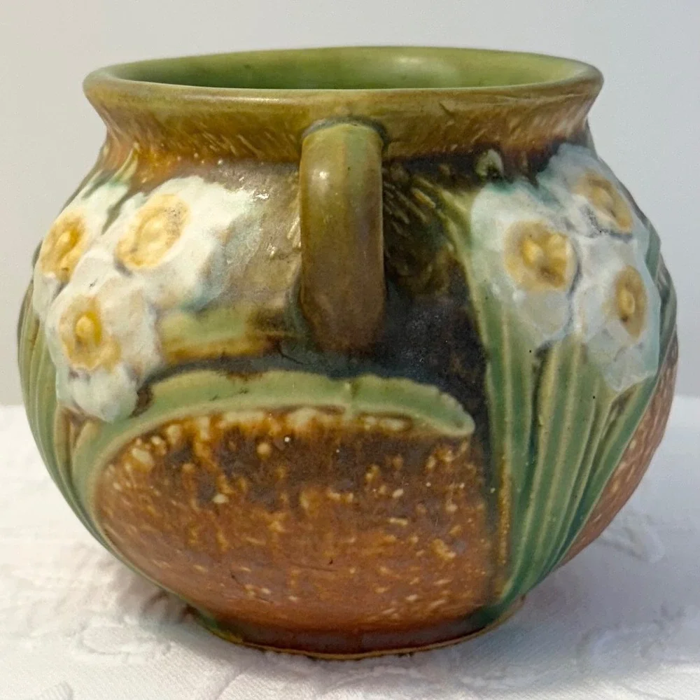 Antique 1930s Roseville Pottery Jonquil Jardiniere Squat Vase Double Handled